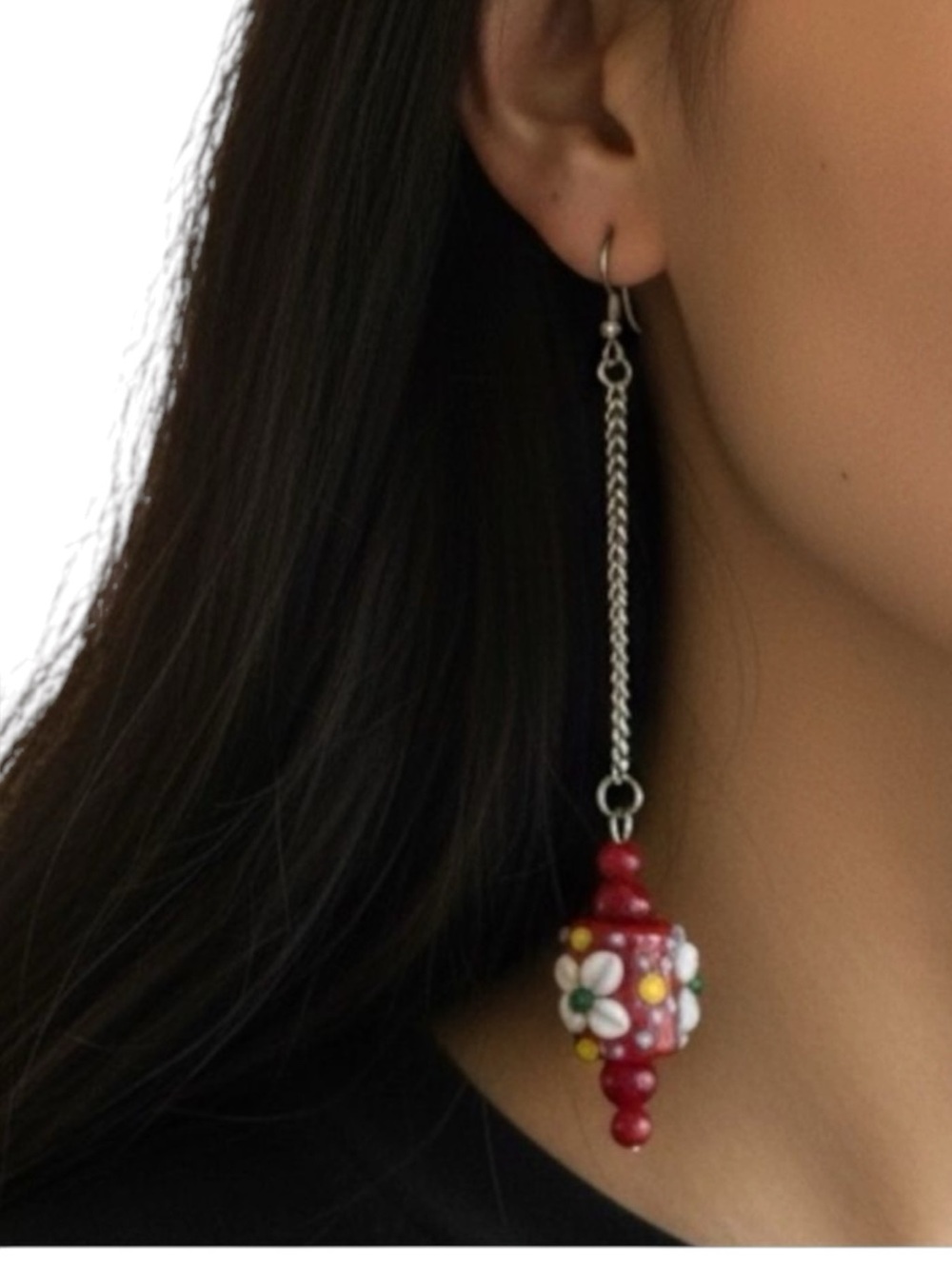 Handcrafted Red Floral Glass W Coral Silver Earrings NWT